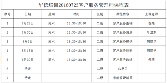 2016年下半年客户服务管理师课程表